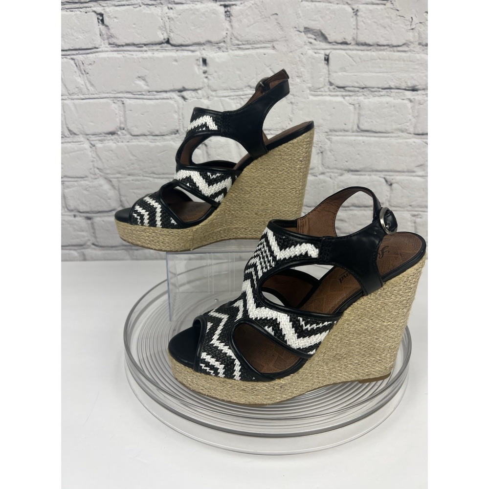 Lucky Brand Black White Chevron Woven Platform Rope Wedge Sandals Sz 7 Peep Toe